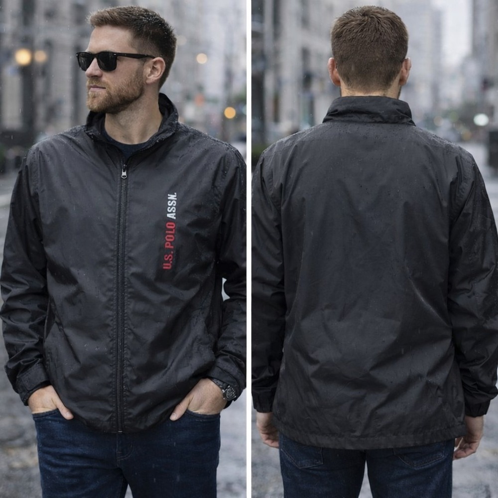 U.S. Polo Assn Black Windbreaker Jacket Men XL Lightweight Full Zip Outdoor‎
